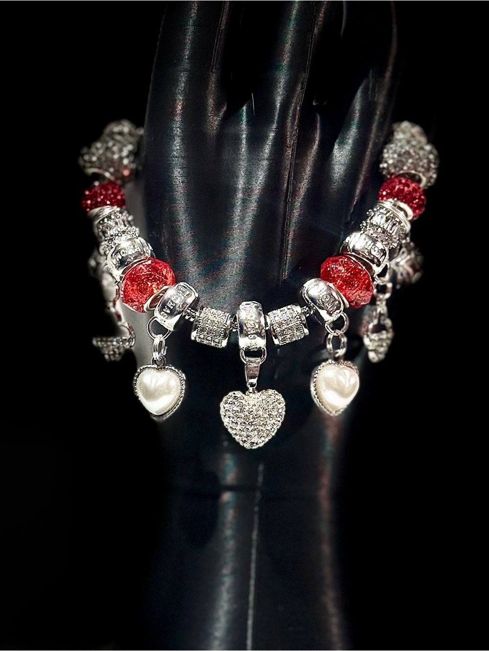 Elegant Silver and Red Heart Charm Bracelet